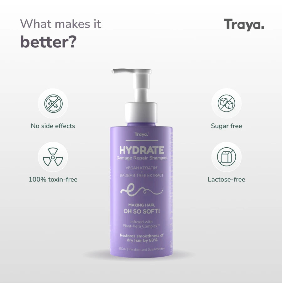 Traya Hydrate Damage Repair Shampoo with Baobab Tree Extracts and Vegan Keratin | 100% Safe | Sulphate and Paraben-free